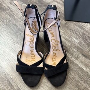 Sam Edelman Yancy Black Suede‎ Ankle Strap Block Heel Sandals Women's Size 6.5
